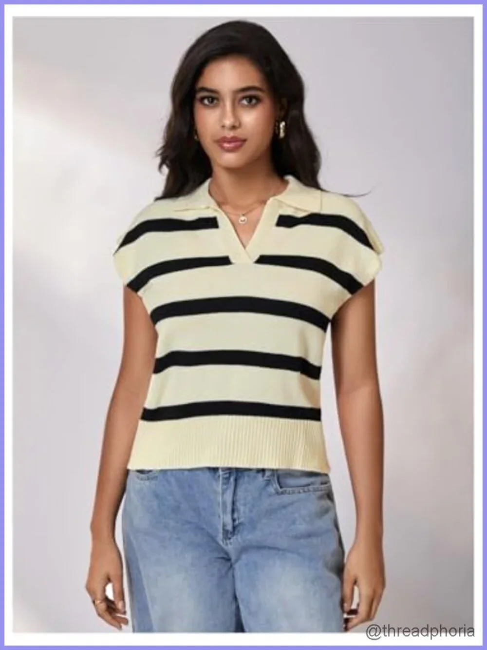Striped Sweater Vest with Cap Sleeve Collared Neck Ribbed Knit